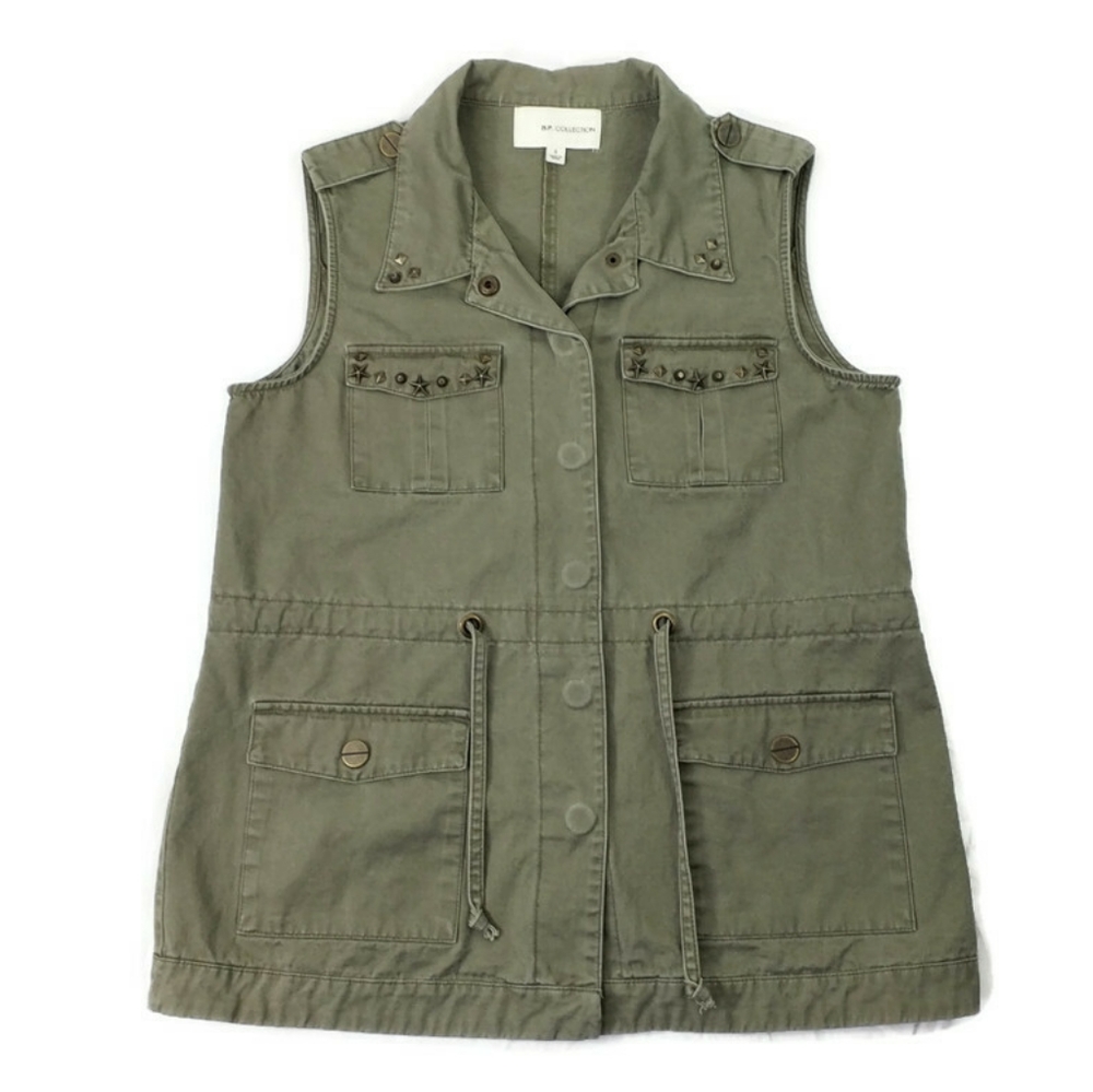 BP Collection Green Sleeveless Studded Draw Waist Utility Vest Womens Size Small